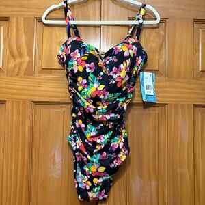 Inches Away Ruched One-Piece Swimsuit Black/Multicolor Flowers Size 12 NWT